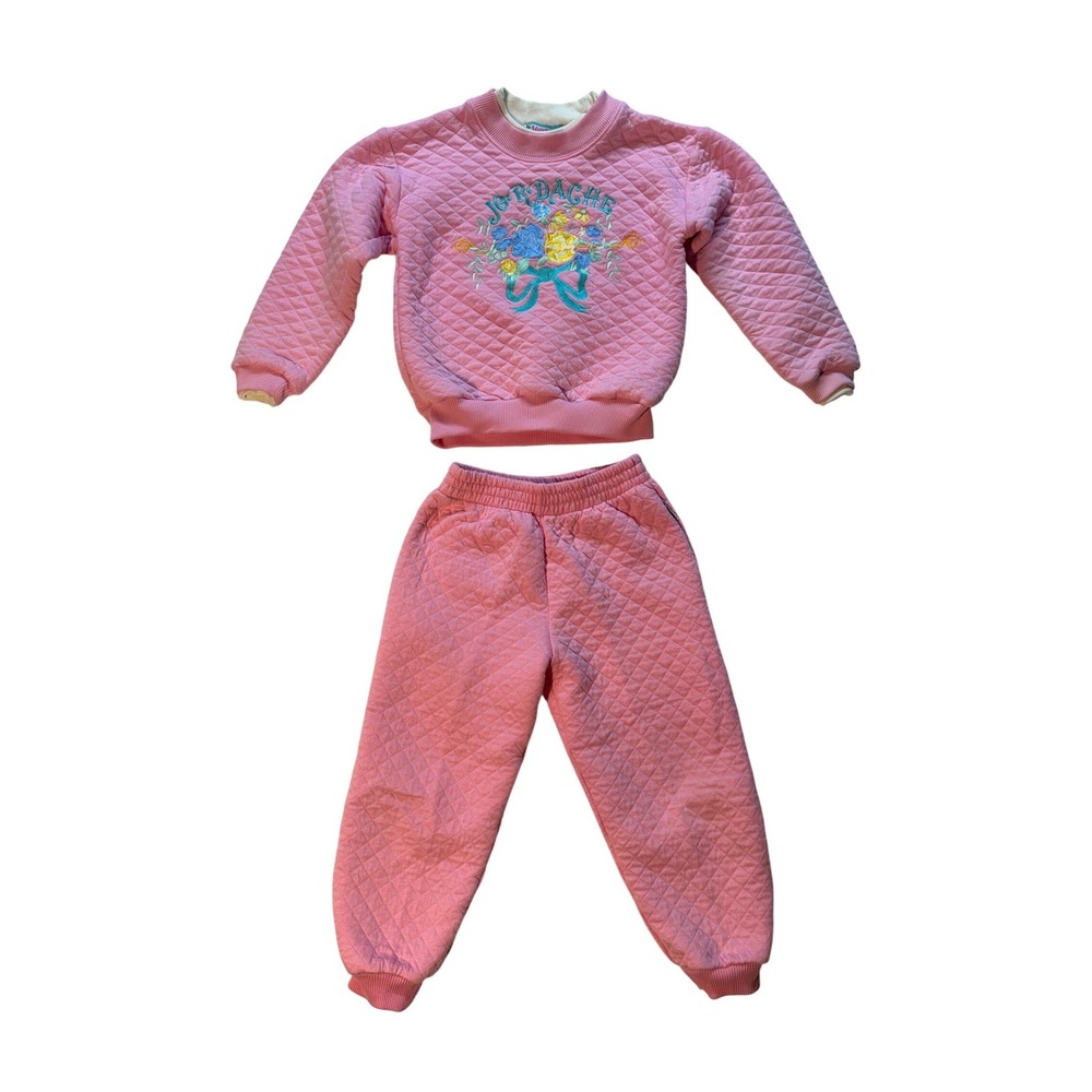 Vintage 90's Jordache Kids Pink Quilted Sweatsuit Floral Embroidery Set Size S/M